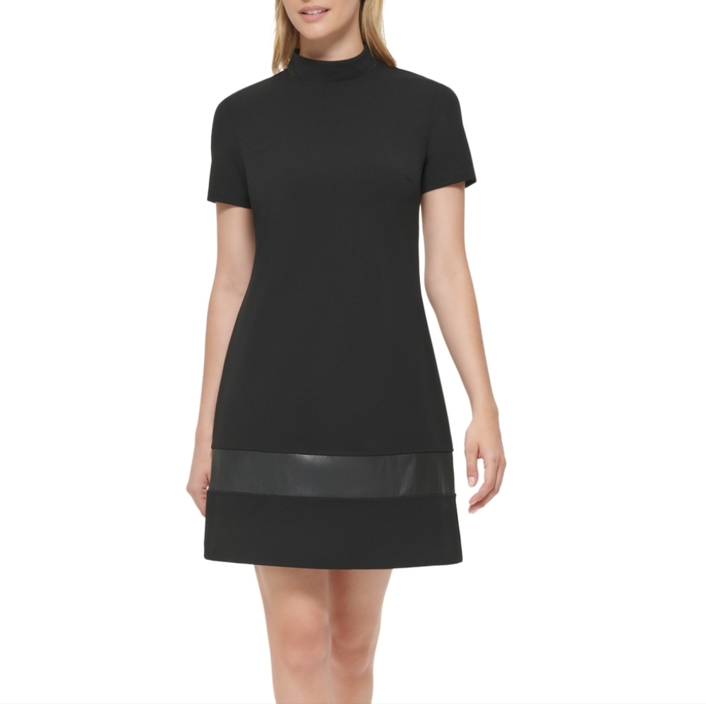 Karl Lagerfeld Paris Scuba Crepe Faux-Leather-Stripe Sheath Dress 16